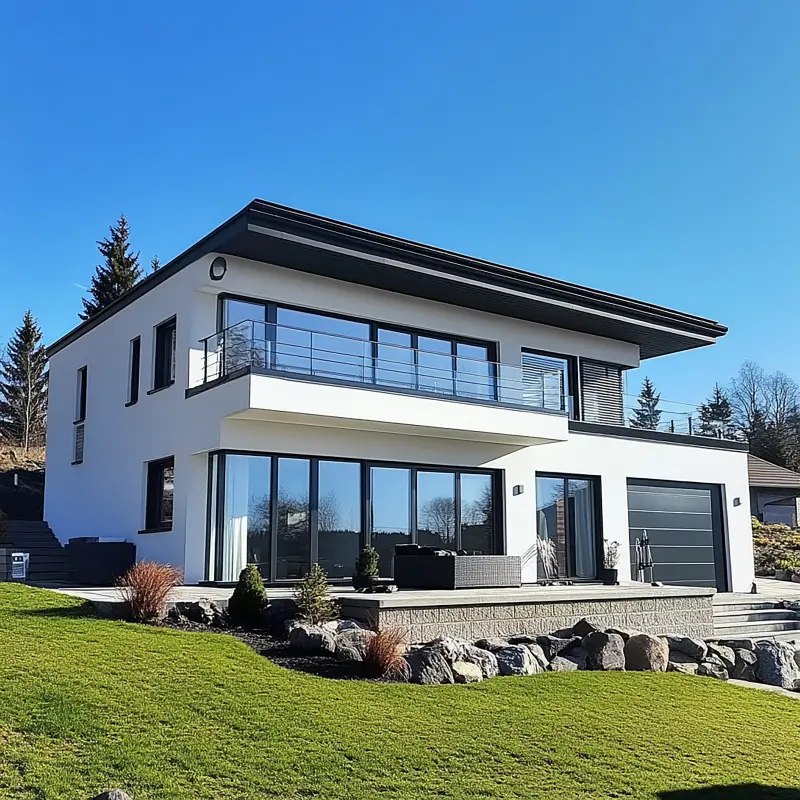 Modernes weißes Wohnhaus mit großen anthrazitfarbenen Fensterfronten
