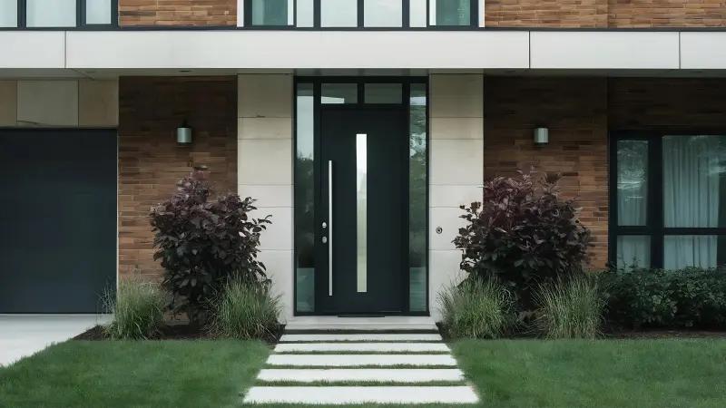 Moderne anthrazitfarbene Haustür mit seitlichem Glaselement an einem Hauseingang