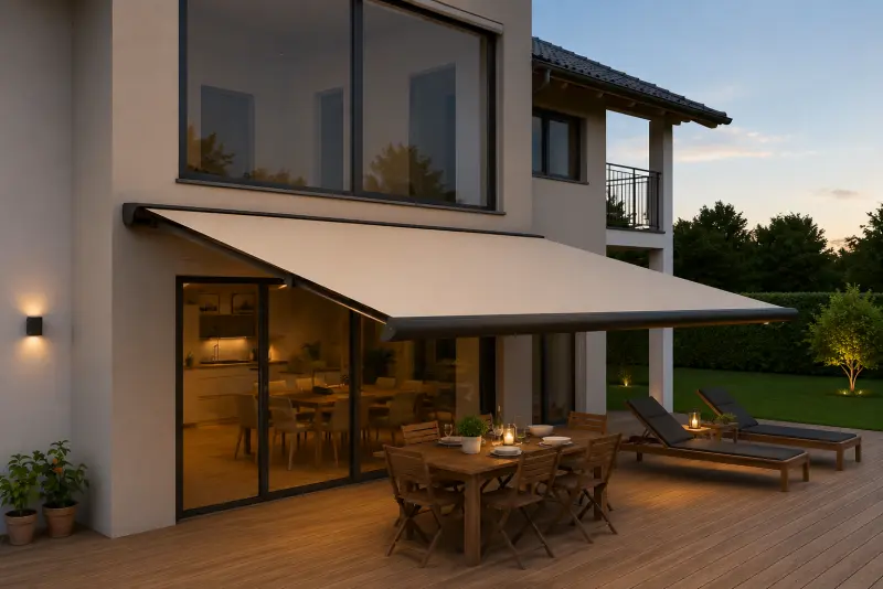Beige Gelenkarmmarkise über einer Terrasse mit Esstisch in der Abenddämmerung